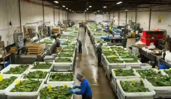 food processing center with farmers and technicians working together